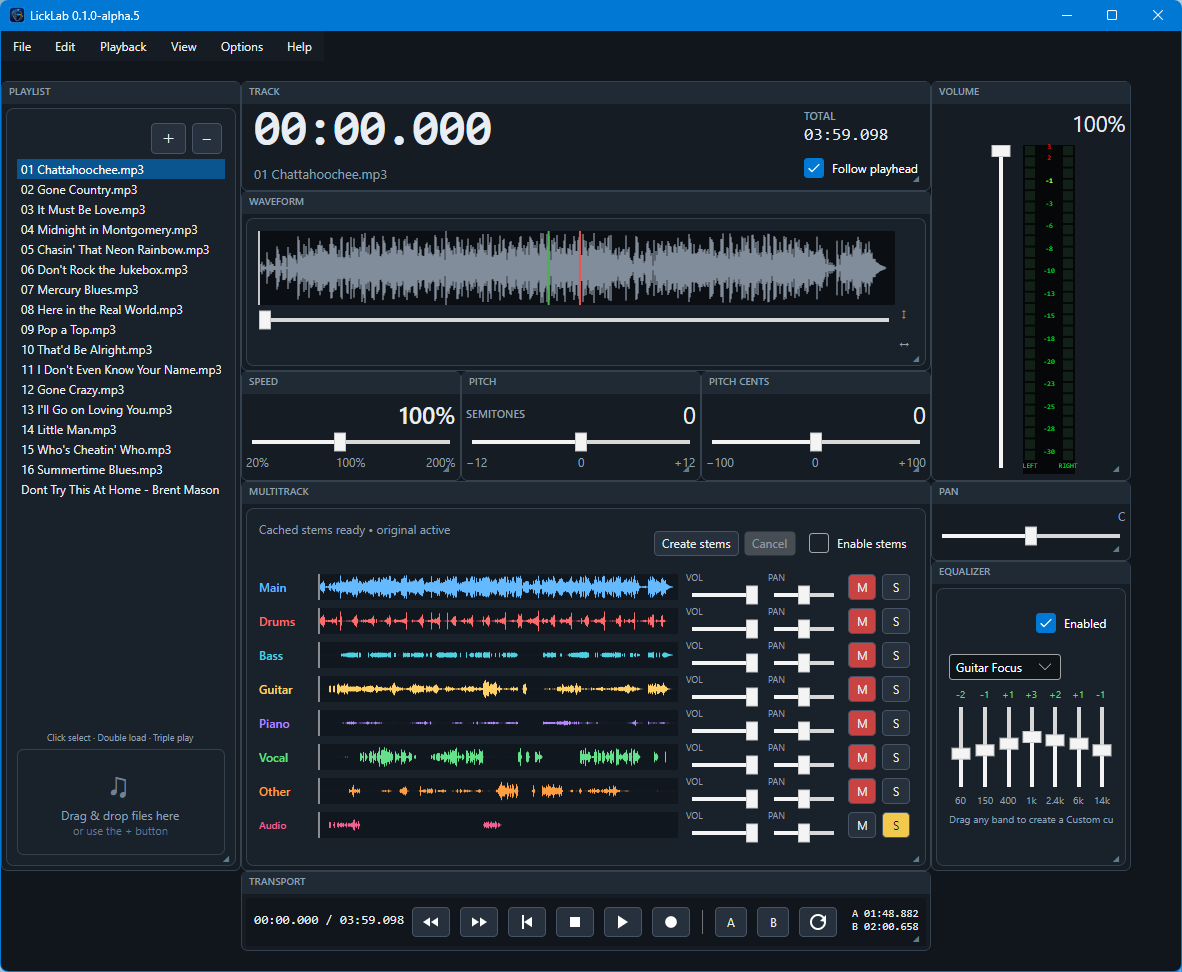 LickLab Alpha 5 interface with waveform and multitrack stem controls
